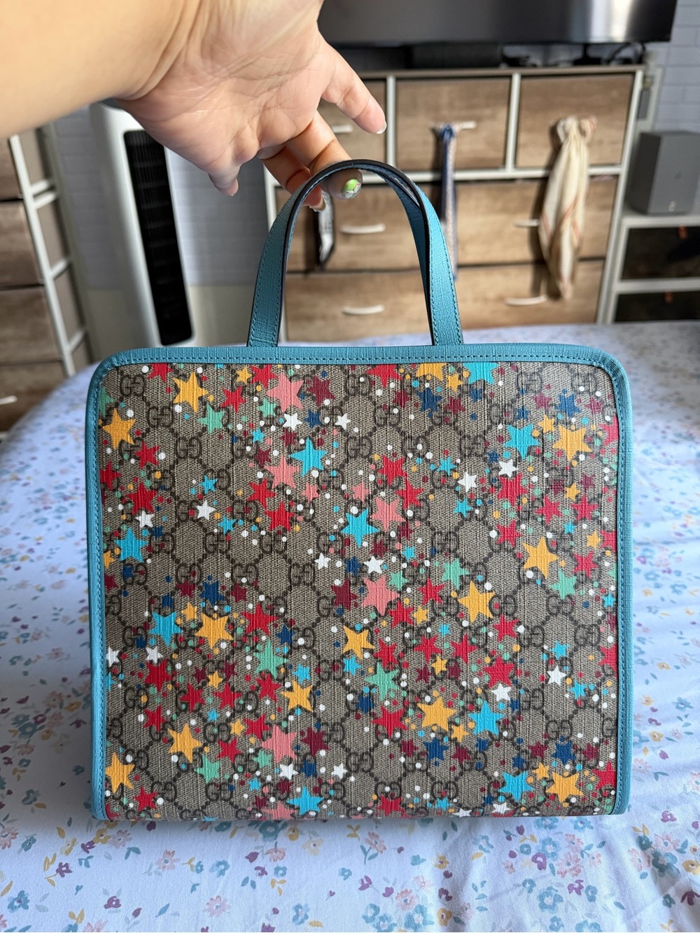 Gucci Multicolor Star Print GG Canvas Tote with Teal Trim